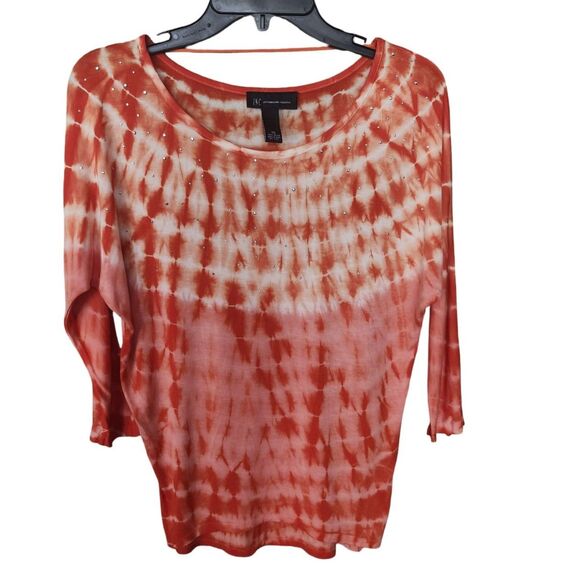 INC International Concepts Tops - INC International Concepts Coral Orange Tie Dye Rhinestone Top